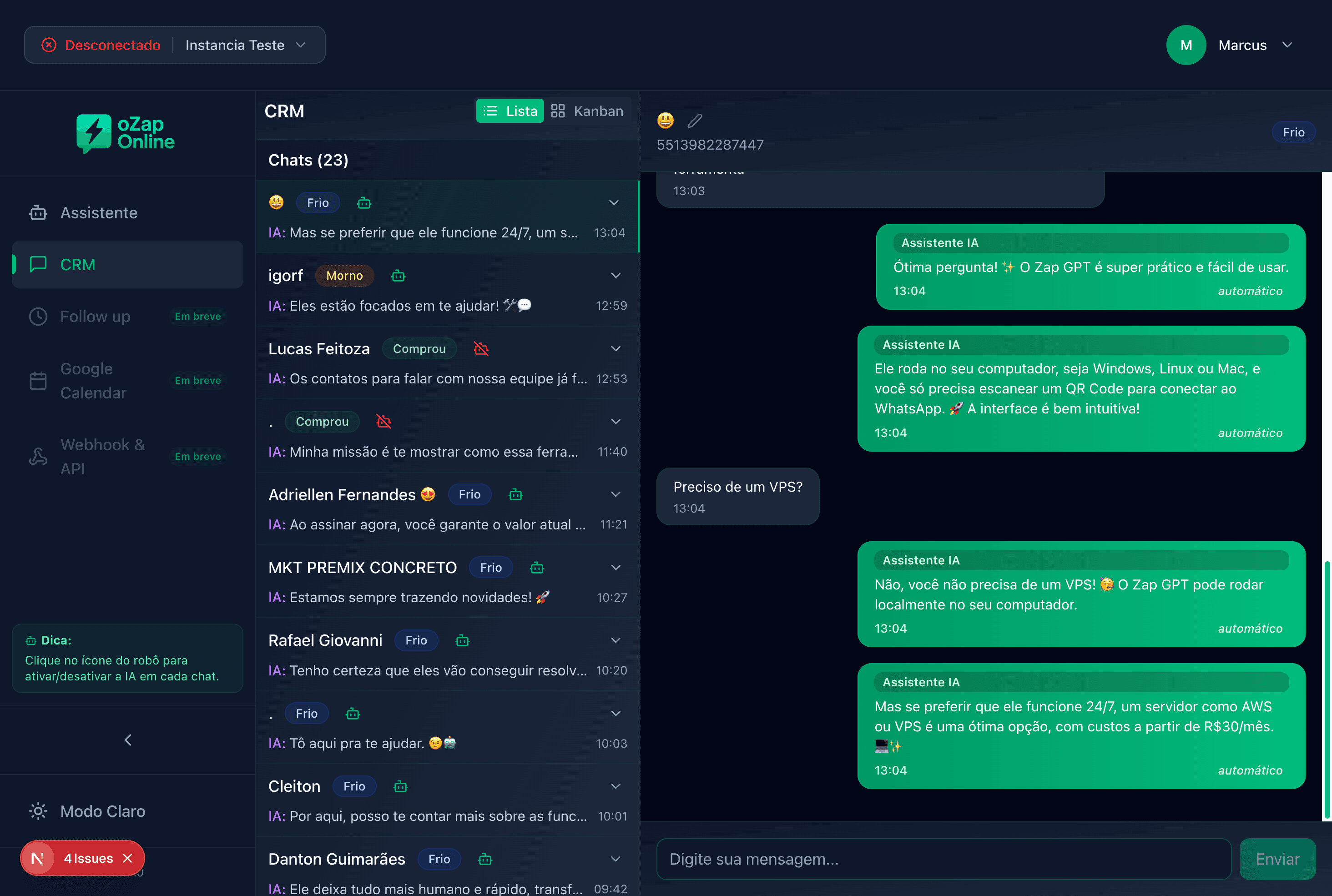 Interface CRM OzapOnline